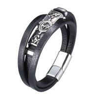 Leather Bracelet, with Stainless Steel, stainless steel magnetic clasp, Anchor, silver color plated, patchwork & three layers & Unisex, black 