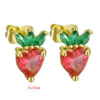 Befestiger Zirkonia Messing Ohrring, Erdbeere, goldfarben plattiert, Micro pave Zirkonia, Rosa, 6x10mm, verkauft von Paar