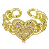 Латунь Манжеты палец кольцо, Сердце, плакирован золотом, Регулируемый & инкрустированное микро кубического циркония, 11mm, размер:7, продается PC