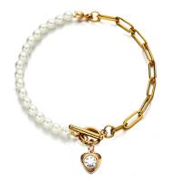 Stainless Steel Charm Bracelet, with Plastic Pearl, plated, fashion jewelry & for woman .28 Inch 