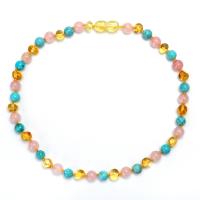 Amber Necklace, with turquoise & Rose Quartz, polished, for children, mixed colors cm 