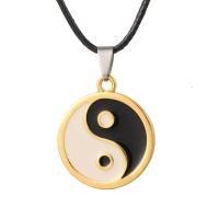 Stainless Steel Jewelry Necklace, with PU Leather Cord, with 1.96 lnch extender chain, Flat Round, gold color plated, ying yang & Unisex & enamel Approx 16.93 Inch 