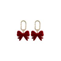 Acrylic Drop Earring, with Zinc Alloy, Bowknot, gold color plated, for woman & with rhinestone, red 