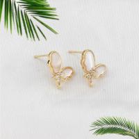 Brass Earring Drop Component, with Shell, Butterfly, micro pave cubic zirconia, golden 