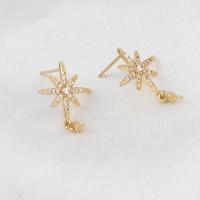 Brass Earring Drop Component, Snowflake, micro pave cubic zirconia, golden 