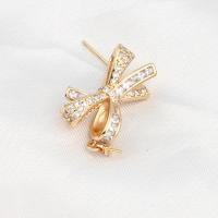 Brass Earring Drop Component, Bowknot, micro pave cubic zirconia, golden 