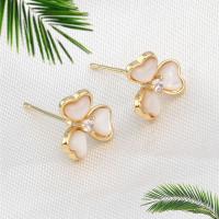 Brass Earring Drop Component, with Shell, Three Leaf Clover, micro pave cubic zirconia, golden 