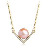 Freshwater Pearl Brass Necklace, with Freshwater Pearl, gold color plated, micro pave cubic zirconia & for woman Approx 17.72 Inch 