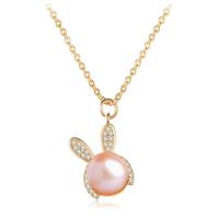 Freshwater Pearl Brass Necklace, with Freshwater Pearl, Rabbit, gold color plated, micro pave cubic zirconia & for woman Approx 17.72 Inch 