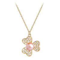 Freshwater Pearl Brass Necklace, with Freshwater Pearl, Three Leaf Clover, gold color plated, micro pave cubic zirconia & for woman Approx 17.72 Inch 