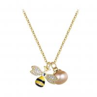 Freshwater Pearl Brass Necklace, with Freshwater Pearl, Bee, gold color plated, micro pave cubic zirconia & for woman & enamel Approx 17.72 Inch 