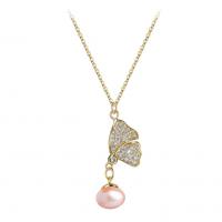 Freshwater Pearl Brass Necklace, with Freshwater Pearl, gold color plated, micro pave cubic zirconia & for woman Approx 17.72 Inch 