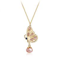 Freshwater Pearl Brass Necklace, with Freshwater Pearl, Butterfly, gold color plated, micro pave cubic zirconia & for woman Approx 17.72 Inch 