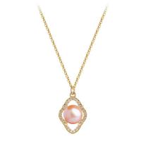 Freshwater Pearl Brass Necklace, with Freshwater Pearl, gold color plated, micro pave cubic zirconia & for woman & hollow Approx 17.72 Inch 
