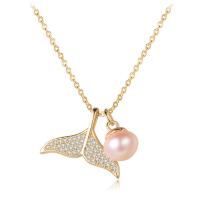 Freshwater Pearl Brass Necklace, with Freshwater Pearl, Mermaid tail, gold color plated, micro pave cubic zirconia & for woman Approx 17.72 Inch 