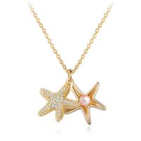 Freshwater Pearl Brass Necklace, with Freshwater Pearl, Starfish, gold color plated, micro pave cubic zirconia & for woman Approx 17.72 Inch 
