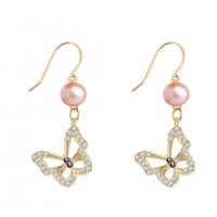 Freshwater Pearl Brass Earring, with Freshwater Pearl, Butterfly, gold color plated, micro pave cubic zirconia & for woman & hollow 