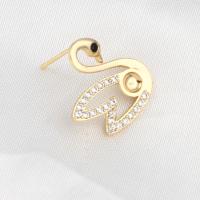 Brass Earring Stud Component, Swan, micro pave cubic zirconia, golden 