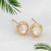 Brass Earring Drop Component, with Shell, Round, golden 