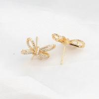 Brass Earring Stud Component, Bowknot, micro pave cubic zirconia, golden 