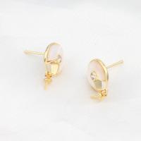 Brass Earring Drop Component, with Shell, Round, micro pave cubic zirconia, golden 