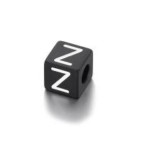 Stainless Steel Beads, Square, gun black plated, with letter pattern, 8mm 