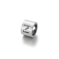 Stainless Steel Large Hole Beads, Column, silver color plated, letters are from A to Z 8mm 