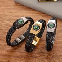 Leather Bracelet, with Titanium Steel, plated, with compass & woven pattern & for man Approx 8.28 Inch 