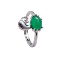 Cupronickel Cuff Finger Ring, with Chalcedony, platinum color plated & for woman, green, 3mm 