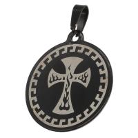Stainless Steel Pendants, Round, with cross pattern, black 