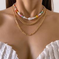 Mode-Multi-Layer-Halskette, Eisen, mit Seedbead & Kunststoff Perlen, gänseblümchenMargerite, goldfarben plattiert, Modeschmuck & für Frau, goldfarben, frei von Nickel, Blei & Kadmium, verkauft von setzen