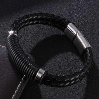 Bracelet en cuir artificiel, avec acier inoxydable, Placage de couleur argentée, bracelet tressé & unisexe & normes différentes pour le choix, noire Vendu par PC