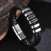 Bracelet en cuir artificiel, avec acier inoxydable, Placage de couleur argentée, unisexe & normes différentes pour le choix & motif tissé, noire Vendu par PC