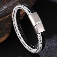 Leatheroid Cord Bracelets, Leather, stainless steel magnetic clasp, silver color plated, Double Layer & braided bracelet & Unisex, white and black 