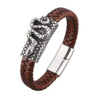 Cowhide Bracelets, Leather, with Stainless Steel, silver color plated, braided bracelet & Unisex brown 