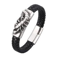 Cowhide Bracelets, Leather, with Stainless Steel, silver color plated, braided bracelet & Unisex black 