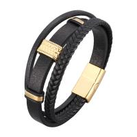 PU Leather Cord Bracelets, Microfiber PU, with Stainless Steel, gold color plated, three layers & braided bracelet & Unisex black 