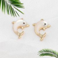 Brass Jewelry Pendants, with White Shell, Dolphin, real gold plated, white 