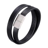 PU Leather Cord Bracelets, Microfiber PU, stainless steel magnetic clasp, silver color plated, Double Layer & Unisex black 