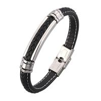 PU Leather Cord Bracelets, Microfiber PU, with Stainless Steel, stainless steel watch band clasp, silver color plated, braided bracelet & Unisex black 