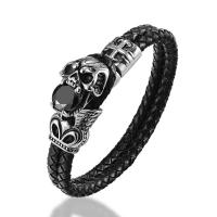 PU Leather Bracelet, with 316L Stainless Steel, for man & with rhinestone, black, 12mm Approx 8.27 Inch 