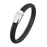 Microfiber PU Bracelet, stainless steel magnetic clasp, silver color plated, Unisex & woven pattern, black 