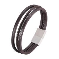 Microfiber PU Bracelet, stainless steel magnetic clasp, silver color plated, three layers & Unisex & woven pattern, dark brown 2mm 
