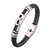 Microfiber PU Bracelet, with Stainless Steel, Number 8, silver color plated, Unisex & woven pattern, black 