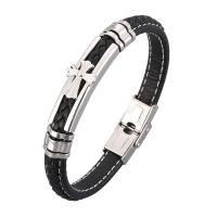 Microfiber PU Bracelet, with Stainless Steel, Cross, silver color plated, Unisex & woven pattern, black 
