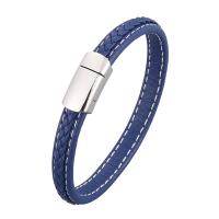 Microfiber PU Bracelet, stainless steel magnetic clasp, silver color plated, Unisex & woven pattern, blue 
