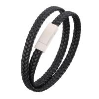 Microfiber PU Bracelet, stainless steel magnetic clasp, silver color plated, Double Layer & braided bracelet & Unisex black 