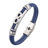 Microfiber PU Bracelet, with Stainless Steel, Number 8, silver color plated, Unisex & woven pattern, blue 