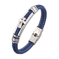 Microfiber PU Bracelet, with Stainless Steel, Cross, silver color plated, Unisex & woven pattern, blue 