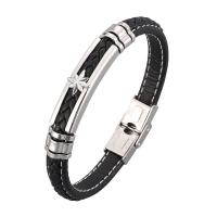 Microfiber PU Bracelet, with Stainless Steel, silver color plated, Unisex & woven pattern, black 